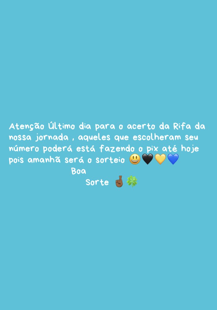 Ainda dá tempo de garantir seu número em nossa rifa 😃, basta nos enviar uma mensagem na DM e estaremos te passando os números que restaram , quem sabe sua sorte se encontra em algum deles 😉🖤💛💙🍀🤞🏾