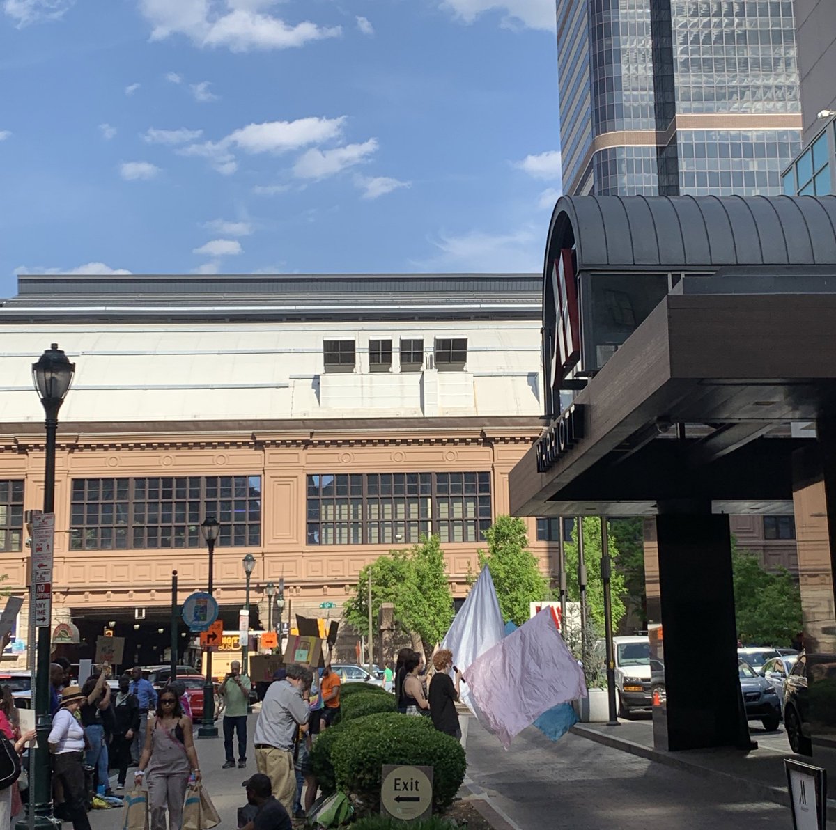 I was walking back to City Hall and ran smack into a protest. Queer and trans activists and their allies are protesting <a href="/Marriott/">Marriott Hotels</a> Downtown’s decision to host transphobic hate group Moms for Liberty; they plan to be out here every Friday afternoon until the hotel cancels