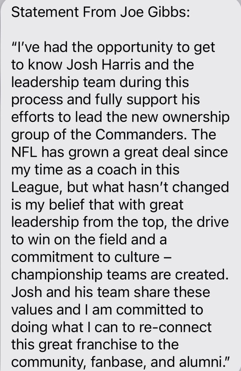 john_keim's tweet photo. Statement from Joe Gibbs on Josh Harris: https://t.co/Qf3hGBwVBP