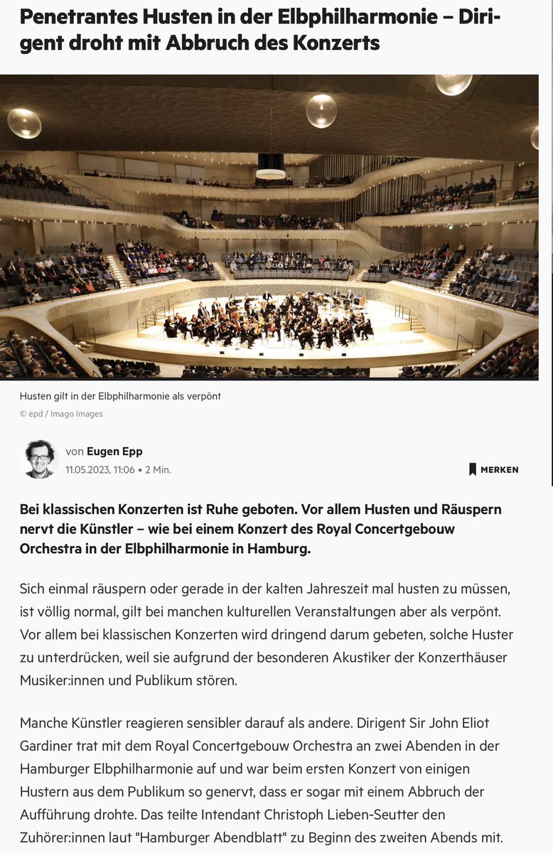 Musician1980's tweet photo. Husten seit der Pandemie immer mehr Leute?
Gibt es eine „mysteriöse Hustenkrankheit“?

Ein Bericht über ein Konzert in der Elphi, das der Dirigent Sir John Eliot Gardiner beinahe abgebrochen hätte, sorgt für Spekulationen. 
Mysteriös oder völlig normal? Let‘s have a look.🧵⬇️1/23 https://t.co/Q52fzDgHoW