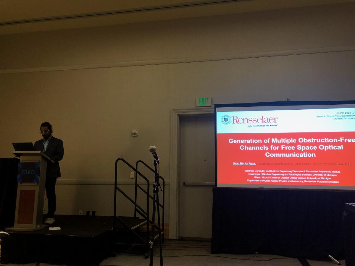 NgomResearch's tweet photo. Saad Bin Ali Reza presented our work on "Generation of multiple obstruction-free channels for free space optical communication" today at CLEO. #CLEO2023 https://t.co/u4cFSVhG1h