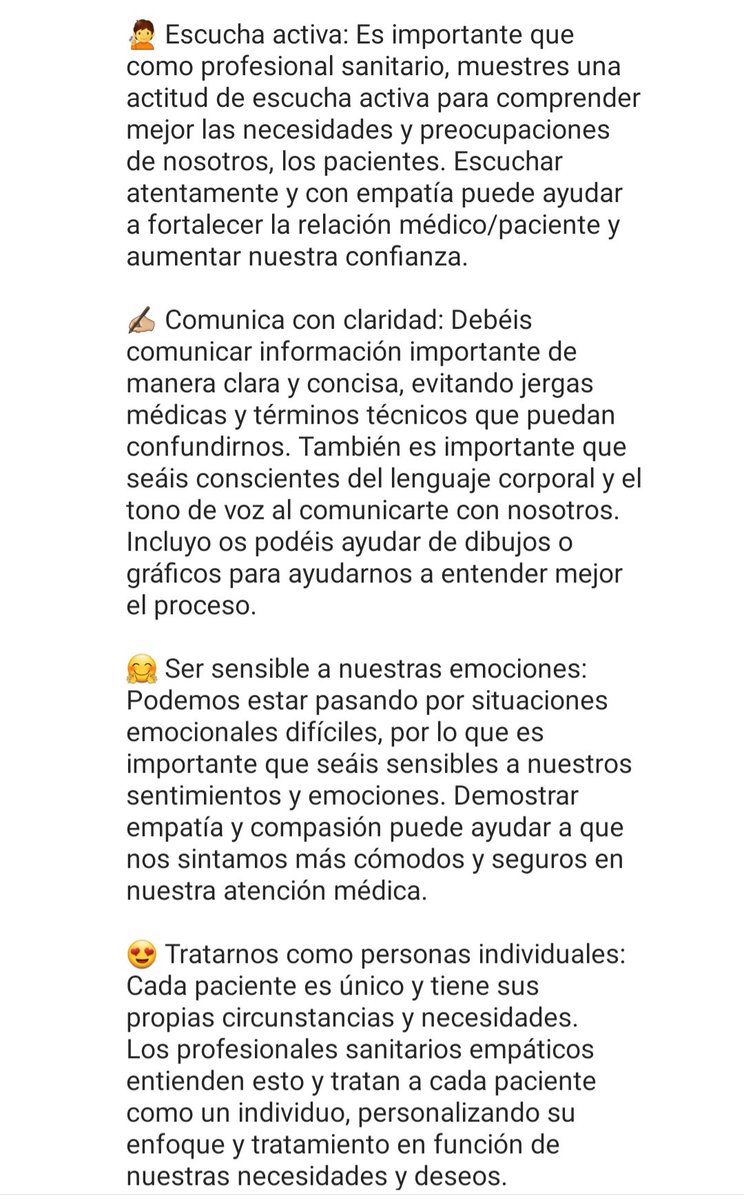 soniacidc's tweet photo. EMPATÍA

Como (im)Paciente que soy, estos son los 5 aspectos que más valoro de  los profesionales sanitarios que me tratan para mejorar su empatía. Seamos pacientes nuevos o antiguos (no necesariamente expertos)

👇 https://t.co/86Vie4g6uw