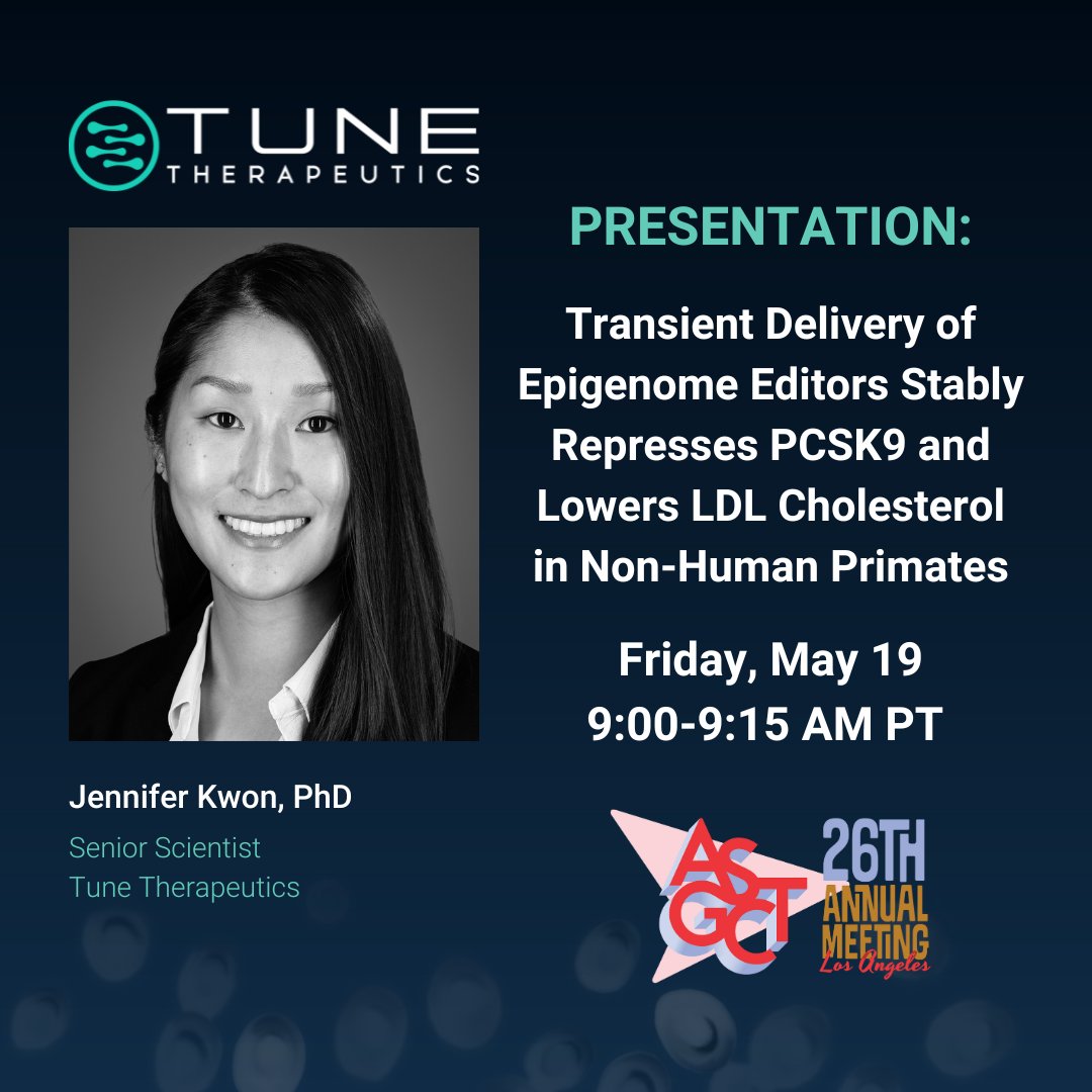 tunetx_news's tweet photo. #ASGCT23 is almost here! 

See our poster 12-2 PM Thur &amp; @jkwonster's talk, Transient Delivery of Epigenome Editors Stably Represses PCSK9 &amp; Lowers LDL Cholesterol in Non-Human Primates, Fri 9 AM.

Read the abstract: https://t.co/nVU2EtHjqj https://t.co/K6oAcQLXLG