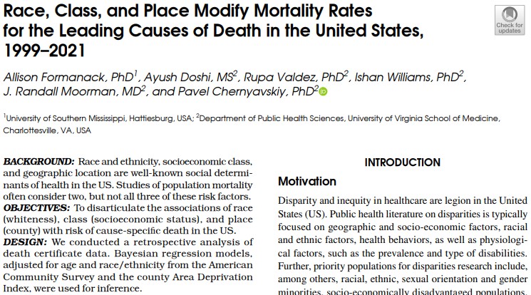 For the leading causes of death in 2020, this study jointly evaluated the impacts of self-reported race and ethnicity, class, and place at the county level. link.springer.com/article/10.100…