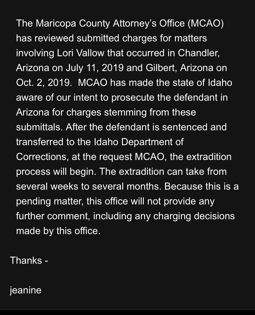 jlumfox10's tweet photo. BREAKING: MCAO says it has left state of Idaho know about intent to prosecute Lori Vallow in Arizona for the murder charge in the Charles Vallow case. Extradition process will begin after Vallow is sentenced and transferred to Idaho DOC. It can take several weeks to months. https://t.co/qFumXlpDnI