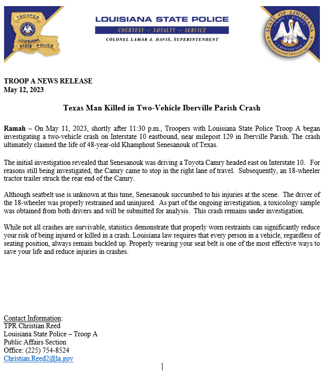 LA State Police on Twitter "TROOP A NEWS RELEASE May 12, 2023 Texas Man Killed in TwoVehicle