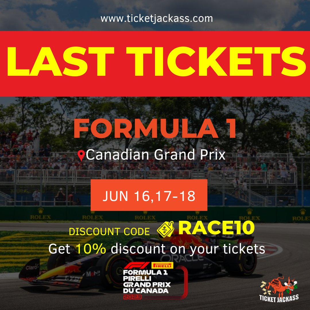 JackassTicket's tweet photo. 🏎️ Buckle up, race fans! The F1 Canadian Grand Prix is just around the corner on June 16 - 18, and you don't want to miss it! 🏁

Get your tickets now at https://t.co/J4ibVtYf7W and use promo code GET10 to get an exclusive 10% off your purchase. 🎟️🤑 https://t.co/wWnJ5zxl77