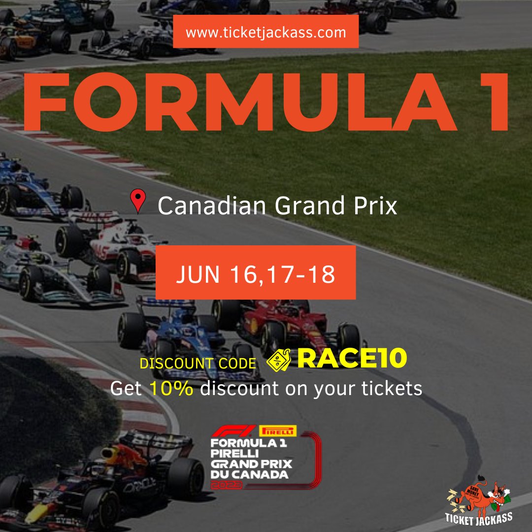 JackassTicket's tweet photo. 🏎️ Buckle up, race fans! The F1 Canadian Grand Prix is just around the corner on June 16 - 18, and you don't want to miss it! 🏁

Get your tickets now at https://t.co/J4ibVtYf7W and use promo code GET10 to get an exclusive 10% off your purchase. 🎟️🤑 https://t.co/wWnJ5zxl77