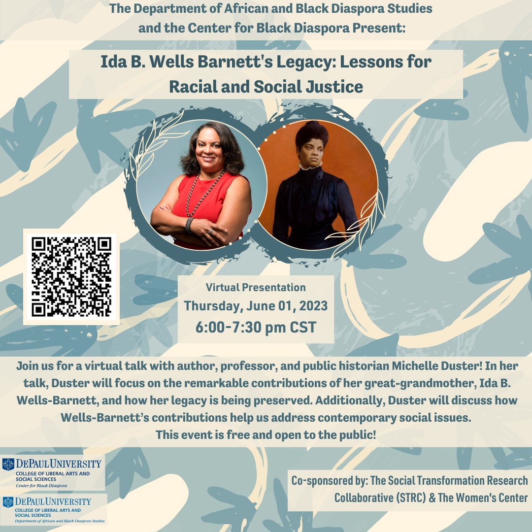 Join us June 1st at 6pm for a virtual talk with author, professor, and public historian Michelle Duster! In her talk, Duster will focus on the remarkable contributions of her great-grandmother, Ida B. Wells-Barnett, and how her legacy is being preserved. eventbrite.com/e/ida-b-wells-…