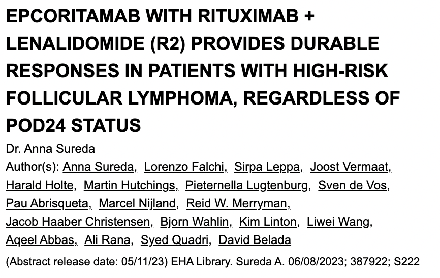 tobyeyre82's tweet photo. .@AnnaSureda5 et al in #EHA2023

Update of pooled analyses from cohorts 2a and 2b of the ongoing phase 1/2 EPCORE™ NHL-2 trial 

Epcor+R2 looking highly effective in high risk R/R FL https://t.co/6WpErOaKUO
