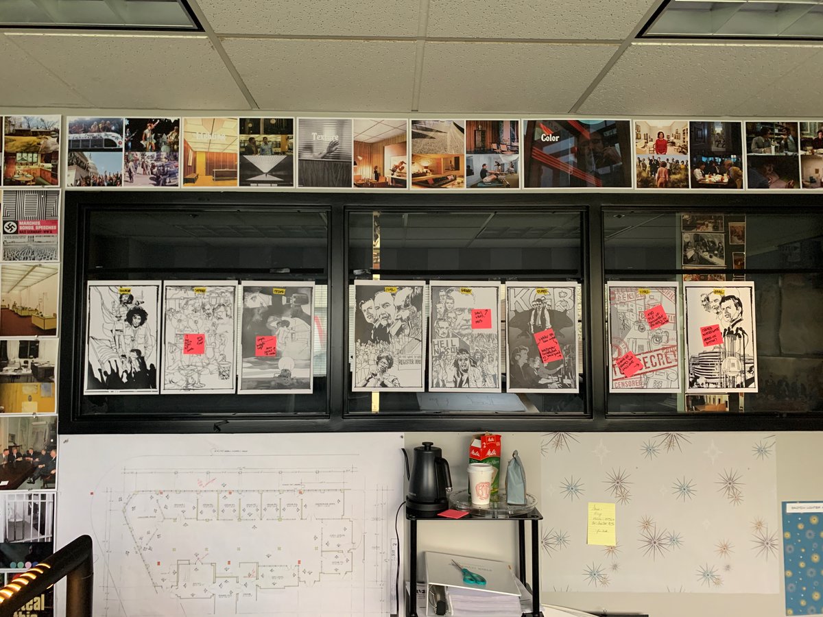A photo from the #artdepartment. Here you can see the work-in-progess by @sinKEVitch before the coloring by #LauraMartin.  Plus #DNC #plans & #productionDesigner #AnastasiaWhite's reference art.  The end!  
(6 of 6)
#whitehouseplumbers #behindthescenes @hbomax