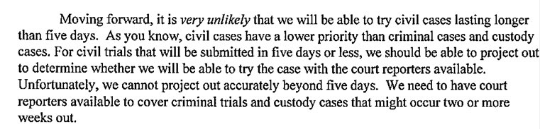 PenickBridget's tweet photo. Not an ideal letter from the court 18 days out from the start of a (twice continued) 7-day civil jury trial #triallawyer #accesstojustice #courtreportershortage : https://t.co/PkCBG0b41E