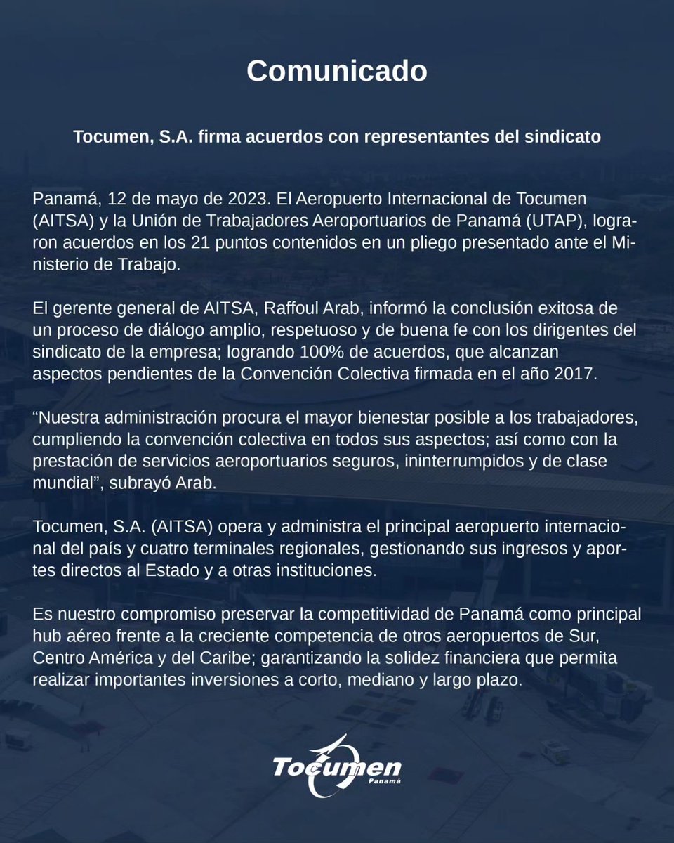 tocumenaero's tweet photo. Agradecemos al @MitradelPma @dorizapataA @fercastillero por su rol como mediador entre las partes, para el beneficio de los trabajadores y la continuidad eficiente de la empresa @tocumenaero 👏🏼

#LaPuertaDeLasAméricas
#AeropuertoDeTocumen
#Trabajadores https://t.co/Jp8BfaCtgf
