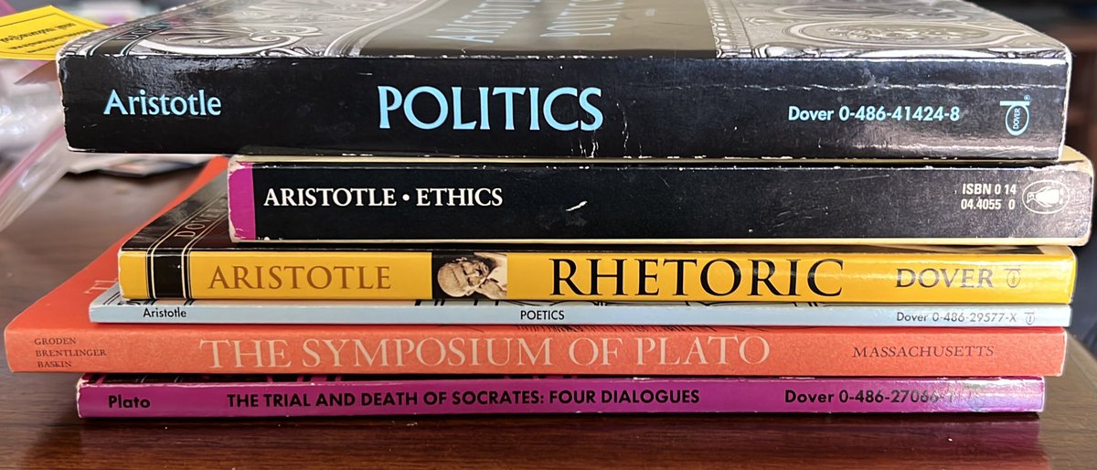 Chriskb116's tweet photo. Since I’m managing a bookstore rooted in the Classical Western Tradition now, I figured it’s time to stop avoiding Plato and Aristotle. Thankful for used book stores. https://t.co/qi5evls0ET