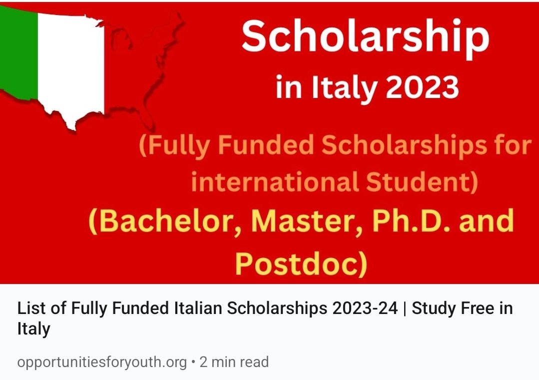 Please #share
Fully Funded Italian Scholarships 2023-24 | Study Free in Italy

Link 
bit.ly/3VvI0yL 

#FullyFunded #Scholarship #InternationalScholarships #Italy #BSinItaly #MastersinItaly #PhDinItaly #studyinItaly #bachelorsdegree #mastersdegree #opportunities #youth