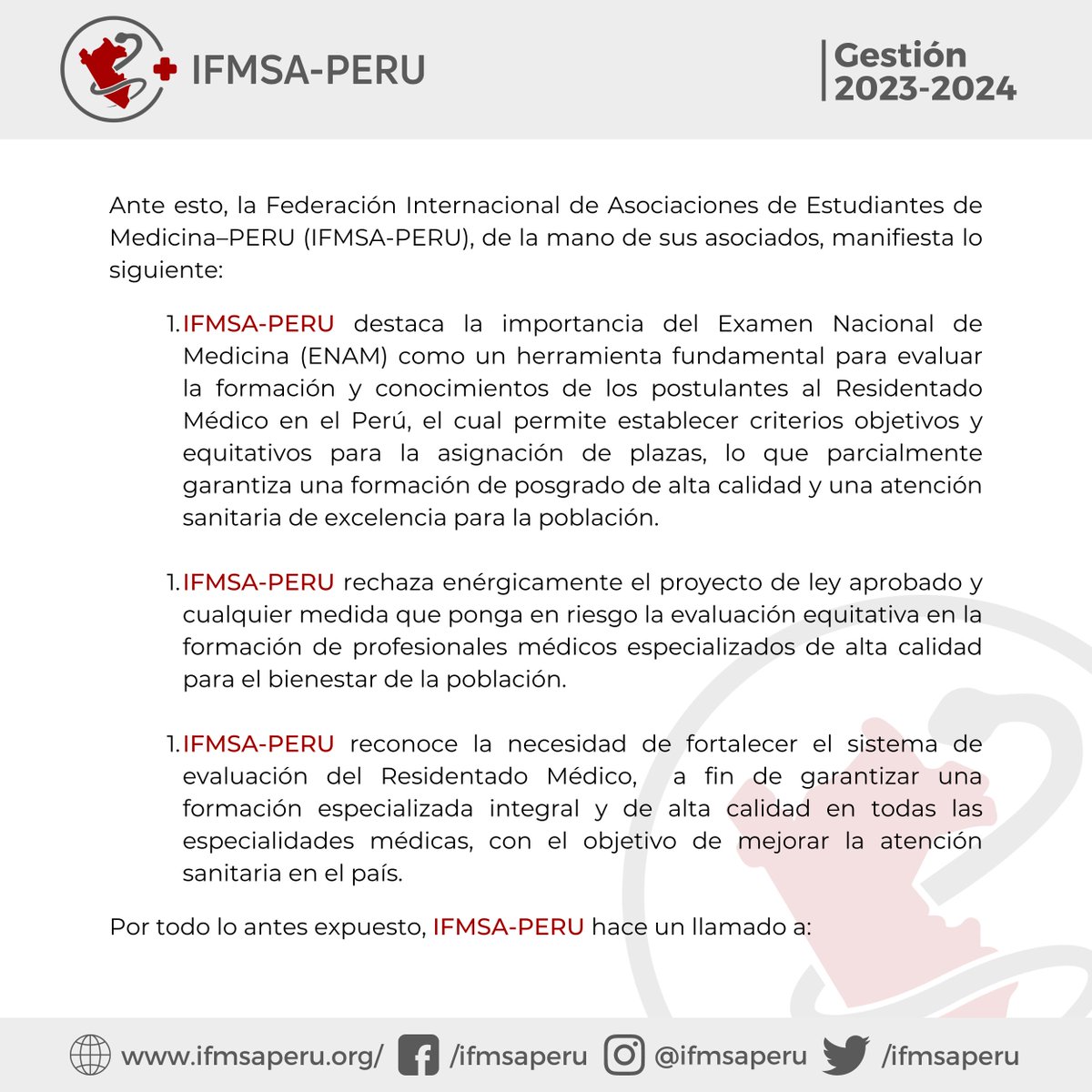 IFMSAPERU's tweet photo. [PRONUNCIAMIENTO] IFMSA-PERU

Pronunciamiento N°001 – IFMSA-PERU 23/24
En defensa de la Calidad Academica del Residentado Médico, IFMSA-PERU realiza el siguiente pronunciamiento. https://t.co/bacZNarjqo