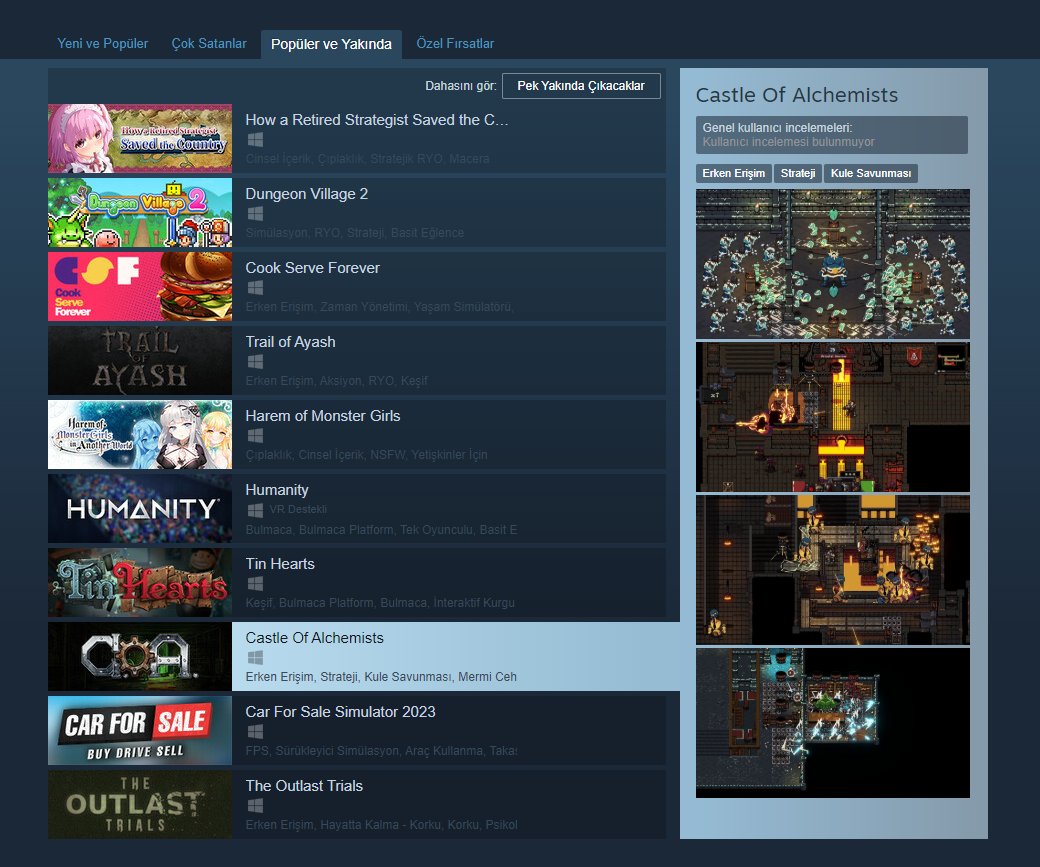 RT Oyunder "RT <a href="/Ataritacom/">Atarita 🏰</a>: 🛎️İlerleyen günlerde piyasaya sürülmesi planlanan iki yerli oyun, Steam'de popüler ve yakında kategorisine girmeyi başardı.

▪️ Castle of Alchemists - 17 Mayıs
▪️ Car For Sale Simulator 2023 - 18 Mayıs "