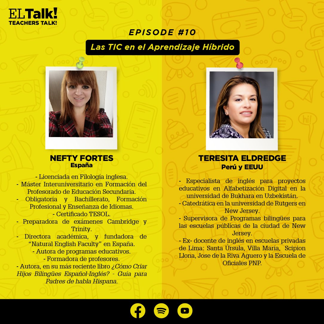 eltalkperu's tweet photo. 📷Escucha a Nefty Fortes y Teresita Eldredge en el 10mo episodio de #ELTalk. Ellas discuten los desafíos y oportunidades del modelo híbrido y los retos de la tecnología en las escuelas.

YouTube: https://t.co/0cthUD9YFW
Spotify: https://t.co/EHK001oaKZ https://t.co/bx8lZ5A6sC