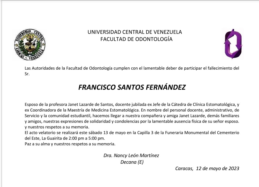 FacOUCV's tweet photo. Lamentamos informar el fallecimiento de Francisco Santos Fernández, esposo de la profesora Janet Lazarde de Santos. Paz a su alma. https://t.co/VvWcXuIJo2