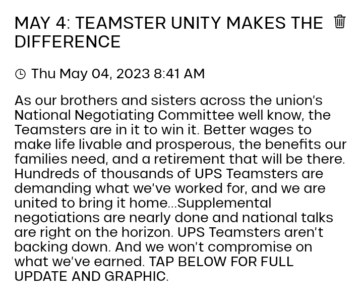 BrJoeBalkis's tweet photo. 5/4/23 ups supplements update
#2023TeamstersupsContractCampaign #Teamsters
#TeamstersMembers know the #MarblePalace is in it to use euphemisms.
What they mean by unity is co-opt. They hope #ups gets the message.
#DEFUNDfacebook
#DEFUNDtwitter
#DEFUNDgoogle https://t.co/AWjxBYx96Y