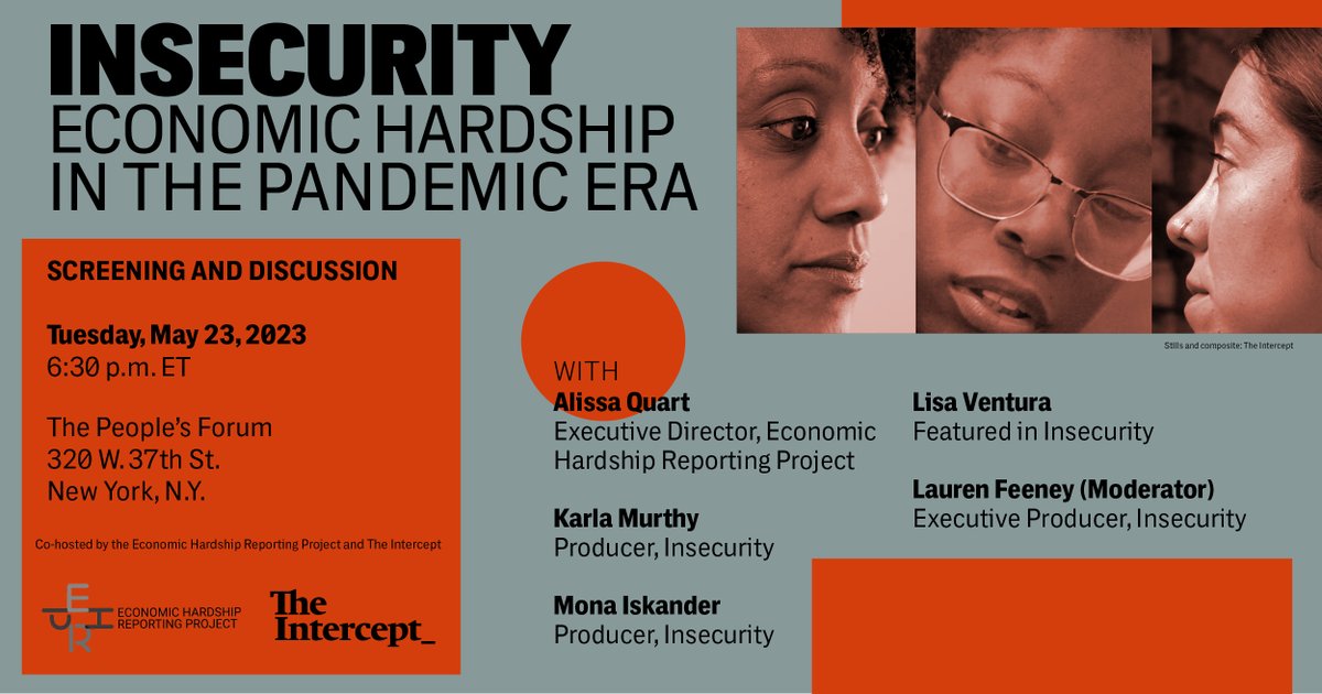 Our film Insecurity by <a href="/KarlaMurthy/">Karla Murthy</a> <a href="/monaisk2010/">mona iskander</a> <a href="/RaySuarezNews/">Ray Suarez</a> <a href="/lavrentia/">Lauren Feeney</a> <a href="/econhardship/">Economic Hardship Reporting Project</a> and <a href="/theintercept/">The Intercept</a> will be showing on <a href="/ThirteenWNET/">THIRTEEN</a> <a href="/chasingthedream/">Chasing the Dream PBS</a> and we will be speaking on it <a href="/PeoplesForumNYC/">The People's Forum</a> on the 23rd of the month! Come by...