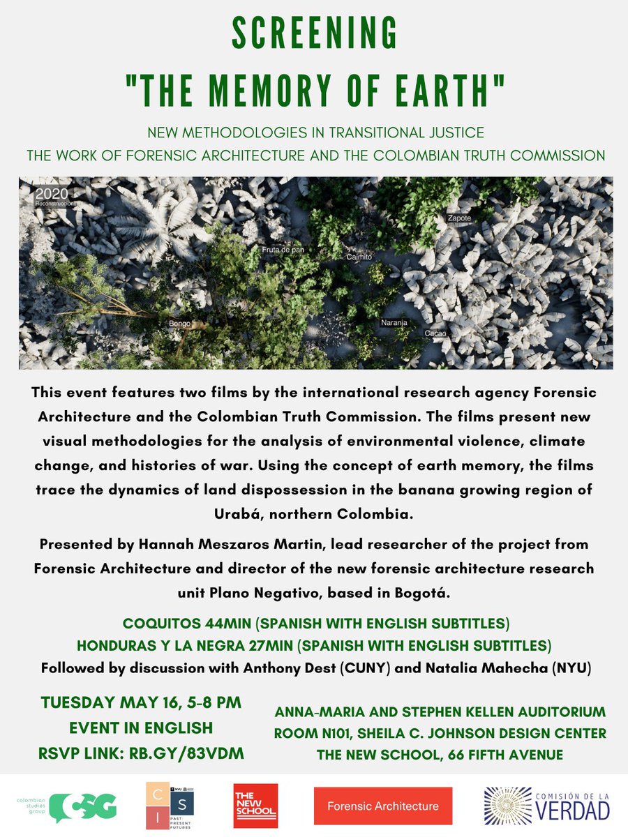 Don’t miss out! <a href="/hanajmm/">hannah martin</a> from <a href="/ForensicArchi/">Forensic Architecture</a> will screen on Tues. May 16 two documentary films made with <a href="/ComisionVerdadC/">Comisión de la Verdad</a>, touching on issues of environmental justice and land dispossession.