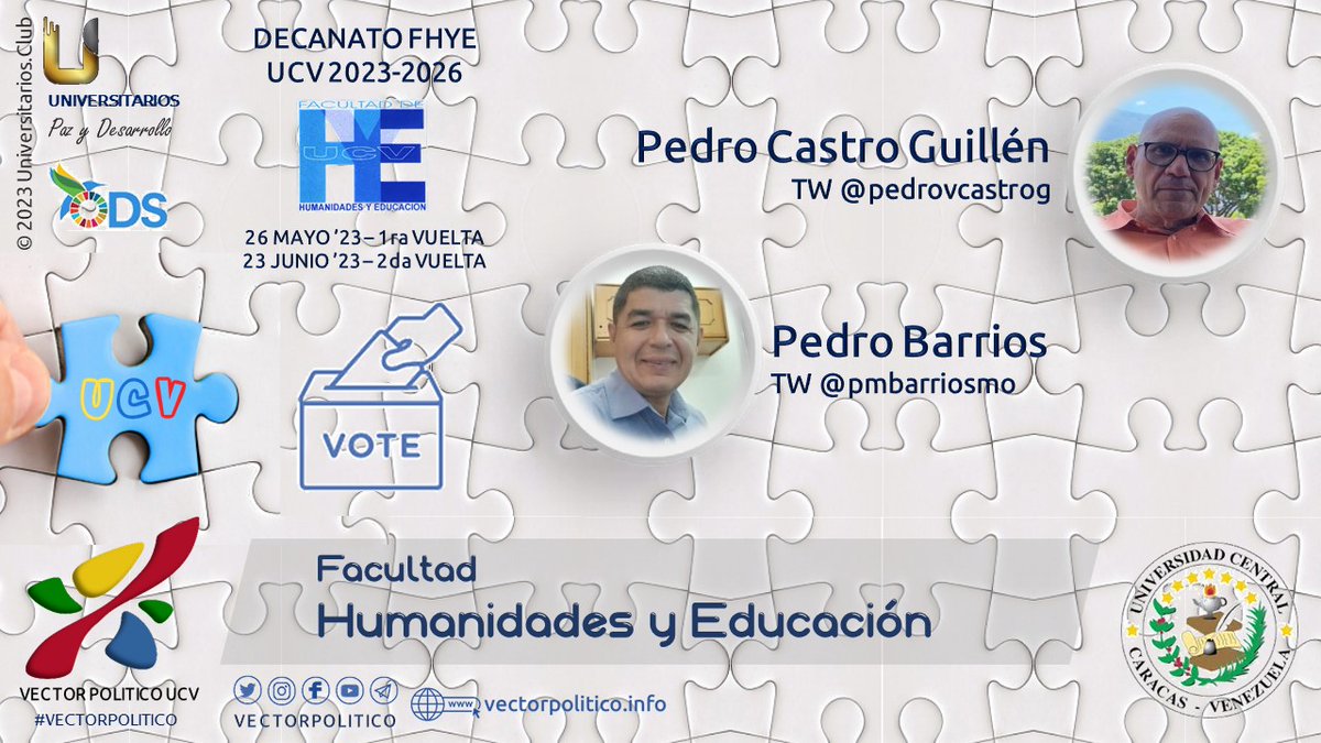 vectorpolitico's tweet photo. Candidatos a Decanatos #UCV 2023-2026
Facultad de Humanidades y Educación FHYE
Pedro Castro Guillén @pedrovcastrog
Pedro Barrios @pmbarriosmo
#ELECCIONESUCV2023 #VECTORPOLITICO
#UCAB #UDO #ULA #LUZ #UC
Site: https://t.co/cQG6Sv42x6 https://t.co/VSUWtPCgEQ