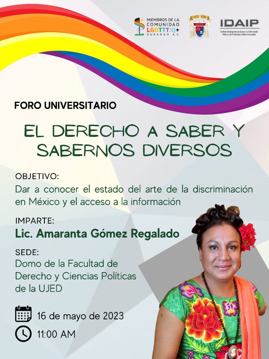 #QueNoSeTePase 🔎| Con el objetivo de conocer el estado del arte de la discriminación enMéxico y el acceso a la información, se realizará el #ForoUniverstario "El #DerechosASaber y sabernos diversos", con <a href="/AmarantaMuxe/">Amaranta Gómez Regalado</a>
🗓️Martes 16 de mayo 
⏰11 am
📍Domo de la <a href="/FADERyCIPOL/">FADER y CIPOL</a>