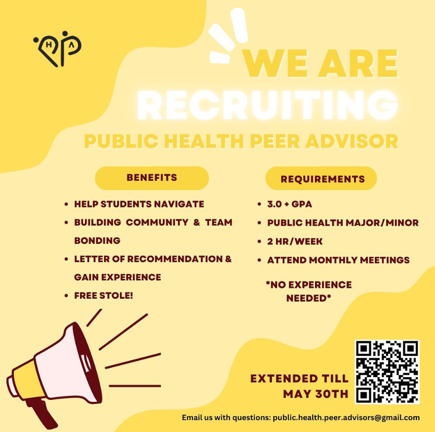 Public Health Peer Advising has extended their applications for Fall 2023 peer advisors! They are still looking for amazing and dedicated candidates to join their PHPA family. 
If you are interested please fill out the QR code docs.google.com/forms/d/e/1FAI… 
before May 30th!