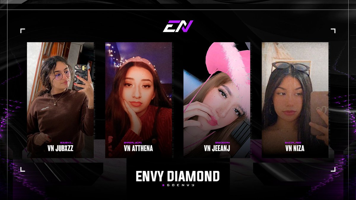 ⚙️ANNOUNCEMENT ⚙️

Nuestra familia sigue creciendo.

Estamos orgullosos y emocionados de presentarles la incorporación del roster femenil ENVY DIAMOND.

🟣BIENVENIDAS🟣

💎<a href="/MagalyCR1/">Atthena✨</a> 
💎<a href="/Jubxz_/">Jubely🌻</a> 
💎<a href="/Niza_agg/">Niza🦋</a> 
💎<a href="/bbjeean/">pao</a> 

#Unstoppables 
#Envyszn 
#GoEnvy
