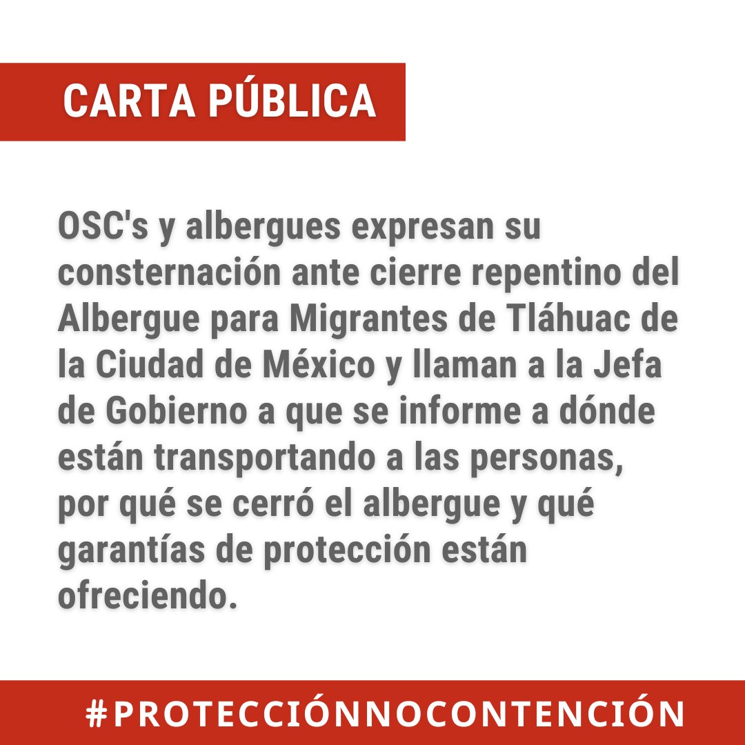IMUMIDF's tweet photo. #CartaPública
⚠️ En ejercicio del derecho a la información, @Claudiashein @m_ebrard @adan_augusto  requerimos saber por qué se tomó la decisión de cerrar el albergue, a dónde están transportando a las personas, quiénes las están transportando y qué garantías de protección están ofreciendo, especialmente a las familias y niñas, niños y adolescentes.
➡️ https://t.co/oA87Ogx1Wo