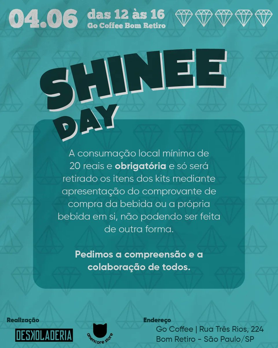 AnEncore_Store's tweet photo. Todas as informações necessárias pra você se programar pro nosso evento!

Vamos comemorar os 15 anos do shinee juntos?

+ Infos abaixo:
Dia 04/06
Das 12 as 16 (2 turnos de 2 horas)
Na @lojagocoffee_bomretirosp 😍

Ingressos de R$12 e R$18 + consumação mínima de R$20!

💎💎💎 https://t.co/p7SVtvYFxc