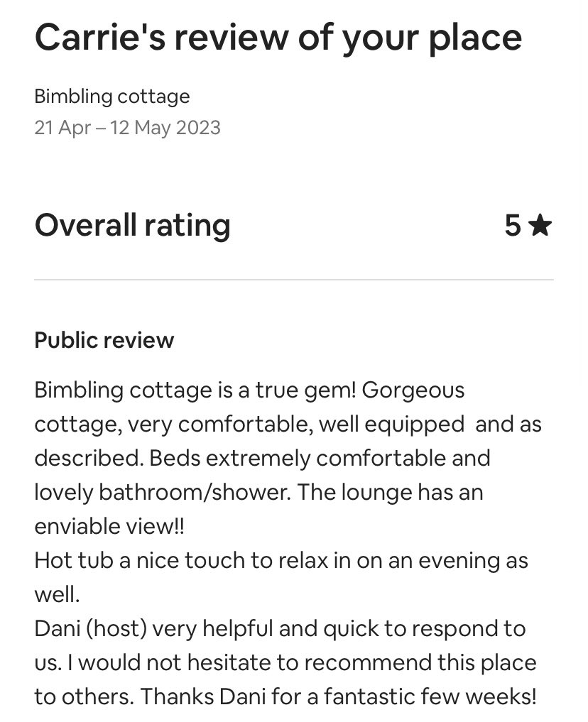 5⭐️ review again! So lovely to hear that our guests are having a great time at Bimbling cottage! ❤️❤️❤️