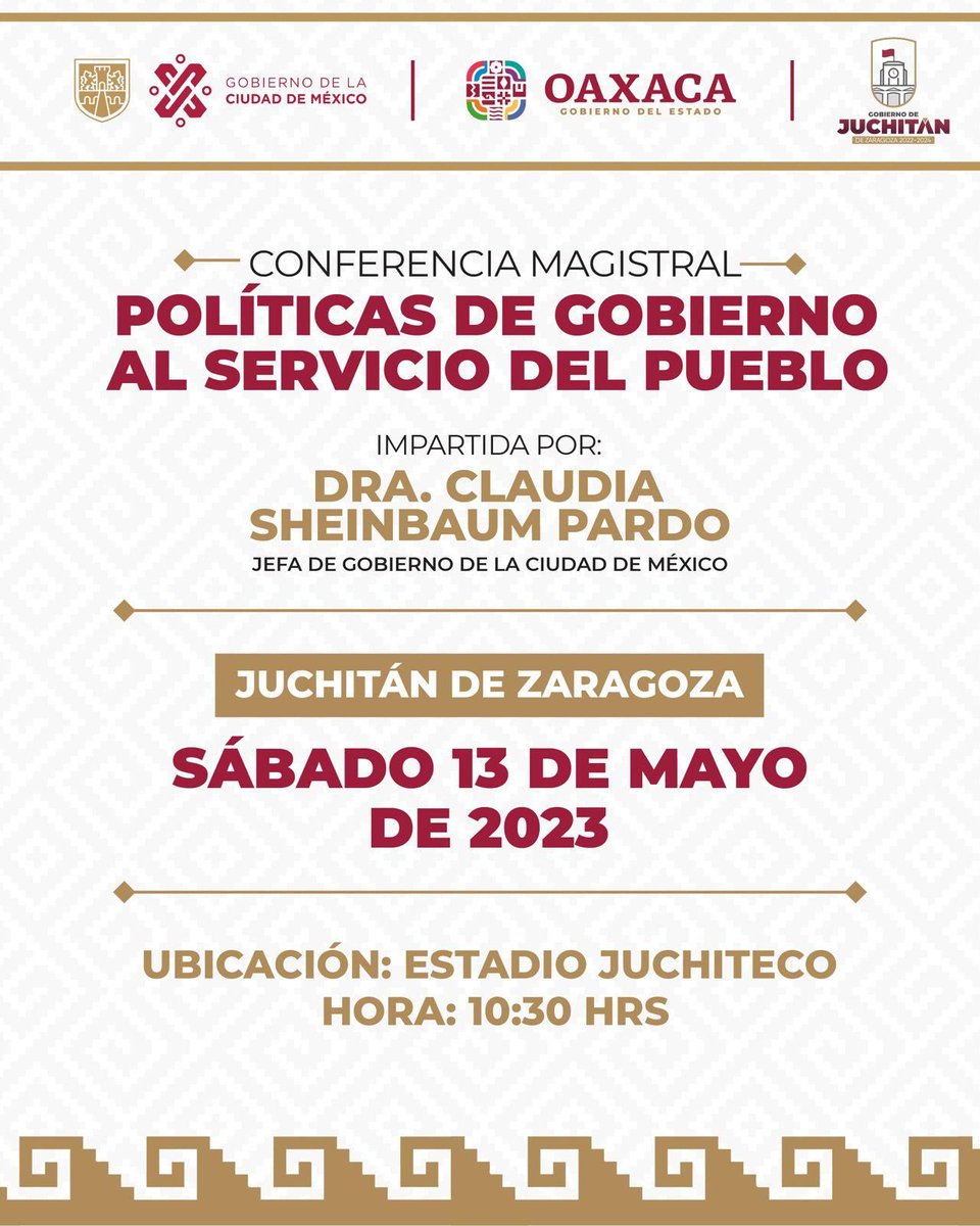 SergioLopez_S's tweet photo. Invitadas e invitados a participar en la Conferencia Magistral de la Dra. @Claudiashein en Juchitán de Zaragoza. https://t.co/NqXOGDdKGu