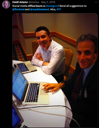 marklewismd's tweet image. Talk about full circle!

Nearly a decade after we held &quot;social media office hours&quot; for oncologists, I had the privilege to attend today&apos;s @SWOG plenary session with the mentor who recommended I join Twitter in the first place as my chairman at MD Anderson, @fischmd  :) #swogonc