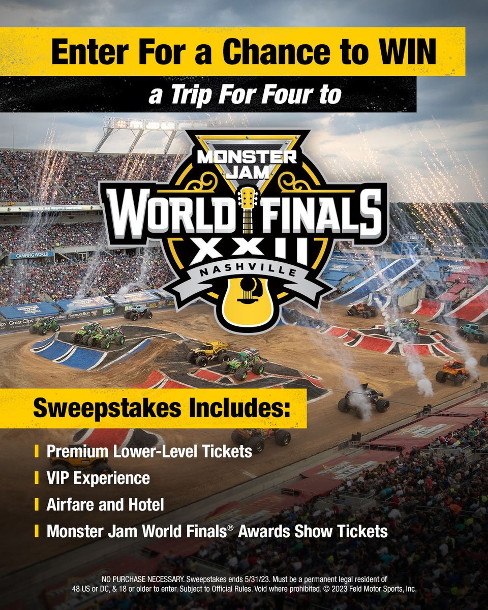 Want to go to Monster Jam World Finals in Nashville!? Here’s your chance to win a trip for four!

Enter here: feld.ly/imzcad 

#MonsterJam #MJWFXXII