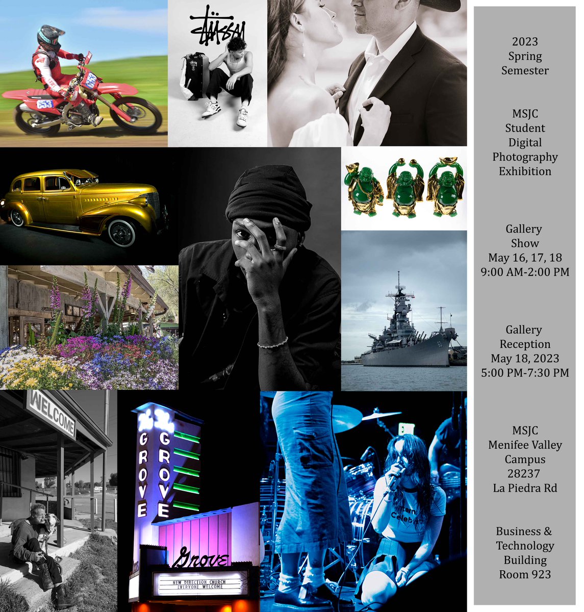 MSJCedu's tweet photo. Check out the amazing talents and work of our advanced student photographers on display. The Student Digital Photography Exhibition is open May 16-18 from 9-2 p.m. with a reception May 18 from 5 - 7:300 pm at MVC Room 923.
#MSJCPhotography
#StudentExhibit https://t.co/6W6nOcxxDX