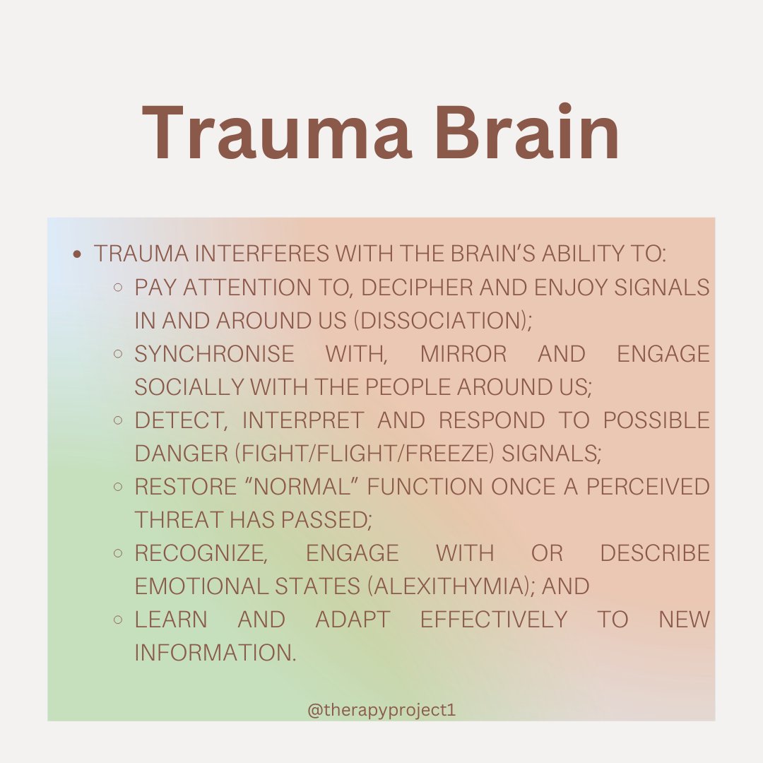 TherapyProject1's tweet photo. Hello Friends! Trauma interferes with the brain’s ability to: pay attention to signals in and around us; synchronize &amp; engage socially with the people around us; detect, interpret and respond to possible danger signals; recognize emotions and adapt effectively. #therapyproject https://t.co/9gs1wZu8Pb