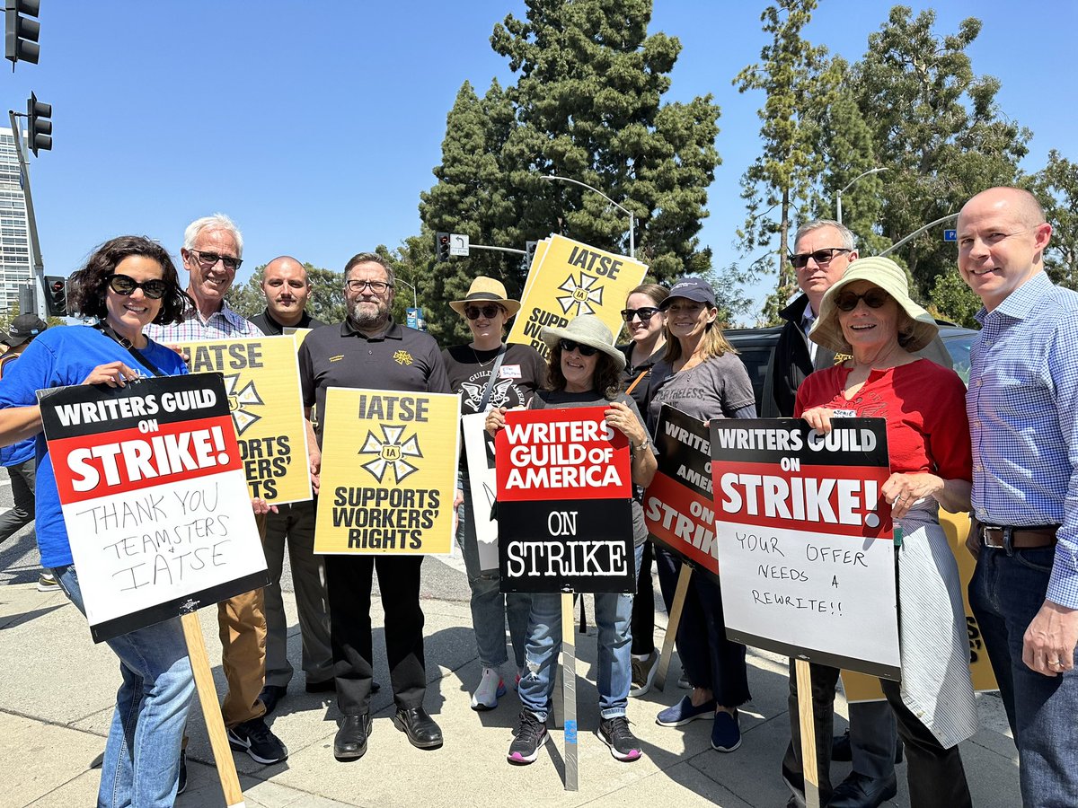 WGAWest's tweet image. Mike Miller &amp;amp; @matthewloeb of @IATSE join the WGA Negotiating Committee at the Fox Studios picket in Los Angeles! #WGAstrike #1u #WGAstrong
