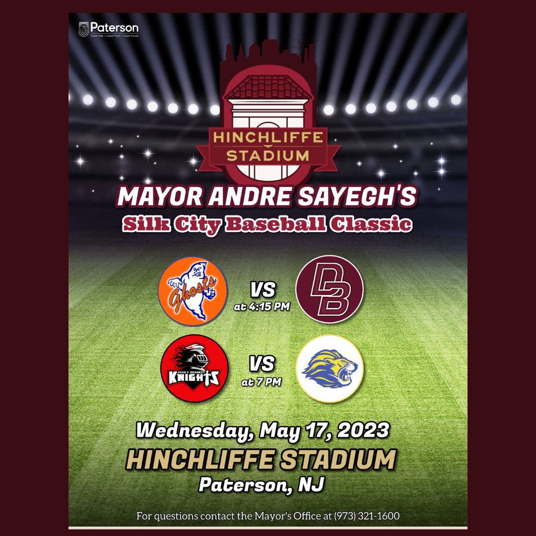 7 Days till Reopening: Community members are invited to attend the Mayor Andre Sayegh Silk City Baseball Classic before officially cutting the ribbon on Hinchliffe Stadium. Watch Eastside take on Don Bosco and Kennedy take on PCSST. 
#HinchliffeStadium #TheRebirth #PatersonNJ