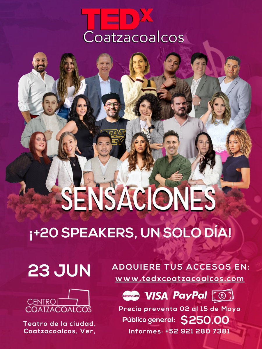 TEDxCoatza's tweet photo. +20 speakers listos para llenarnos de sensaciones este 23 de Junio🧠✨

Adquiere tus accesos aquí👇aprovecha el precio de preventa válido hasta el 15 de mayo🎟️
https://t.co/OIWZ0clrxn

#speaker #TEDxCoatza #TEDTalks #sensaciones #ideas #tedx #Coatzacoalcos https://t.co/hMIZwMMYVj