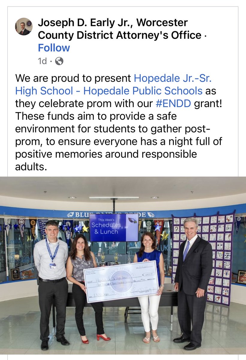 HopedaleAPP's tweet photo. Thank you Joseph D. Early Jr., Worcester County District Attorney's Office for your support of Hopedale High School’s After Prom Party by awarding us the #ENDD grant! https://t.co/2kAPlec5eV
