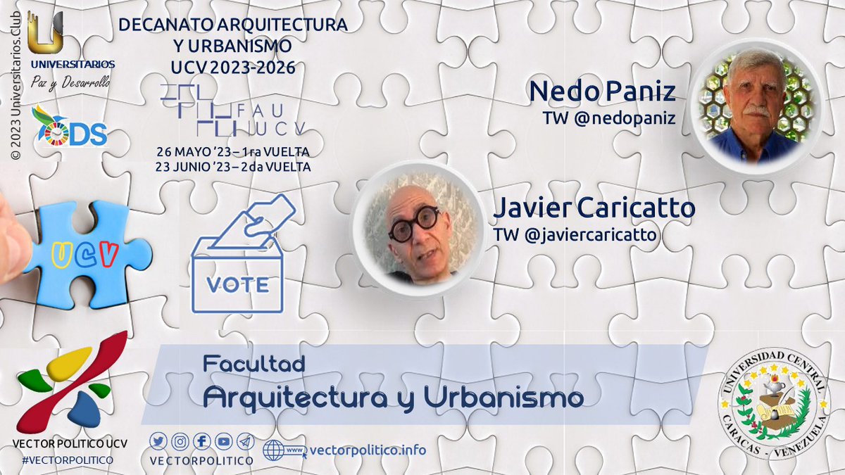vectorpolitico's tweet photo. Candidatos a Decanatos #UCV 2023-2026
Facultad de Arquitectura y Urbanismo FAU
Nedo Paniz @nedopaniz
Javier Caricatto @javiercaricatto
#ELECCIONESUCV2023 #VECTORPOLITICO
#UCAB #UDO #ULA #LUZ #UC
Site: https://t.co/cQG6Sv42x6 https://t.co/BzEIHyBDPZ