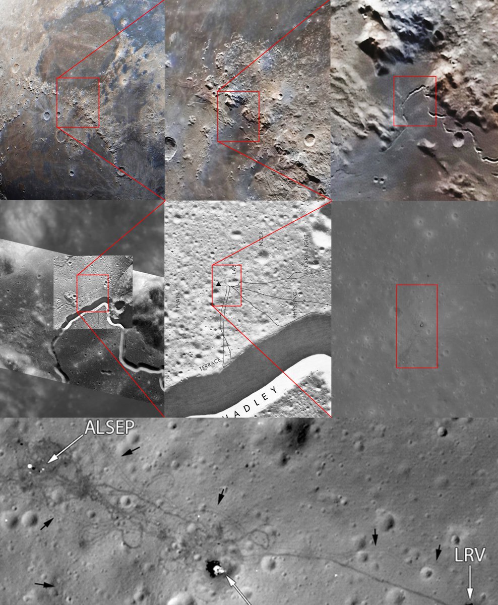 AJamesMcCarthy's tweet photo. This is zooming into the Apollo 15 landing site. I pushed my GigaMoon image as far as I could, then you can see the same area imaged by a lunar orbiter that gets all the way down to where the equipment was left behind! As you can see- the moon is HUGE and the equipment is small. https://t.co/hcbwT1EU10