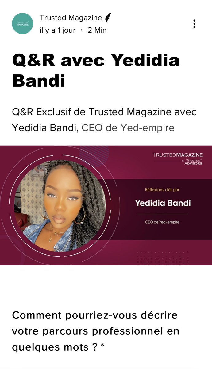 yedidiabandi1's tweet photo. Honorée d’avoir été interviewée par #TrustedMagazine dans le cadre du « Female Leadership ».
Je vous invite à la lire sur le lien https://t.co/yIRrf3qyTC et surtout à vous abonner massivement à la page👇🏽👇🏽👇🏽

https://t.co/bEMLnLEimD
#TrustedMagazine
#Yedempire
 #leadership https://t.co/5usbAGA7k9
