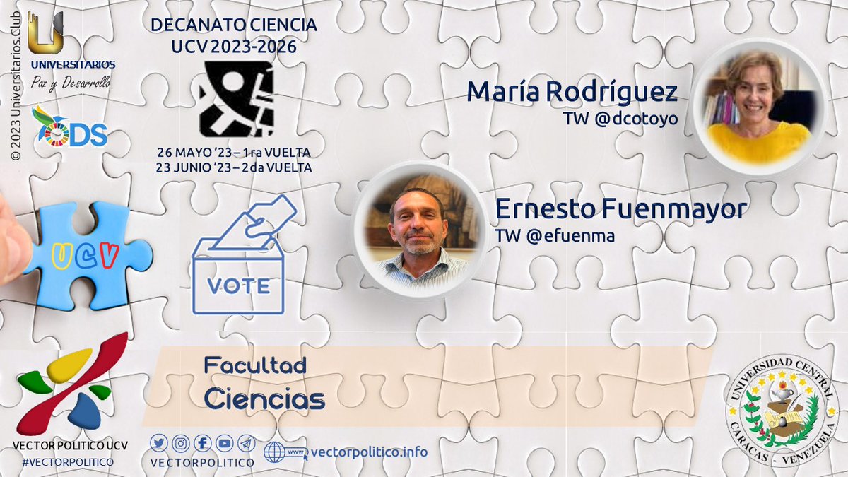 vectorpolitico's tweet photo. Candidatos a Decanatos #UCV 2023-2026
Facultad de Ciencias FC
María Rodríguez @dcotoyo
Ernesto Fuenmayor @efuenma
#ELECCIONESUCV2023 #VECTORPOLITICO
#UCAB #UDO #ULA #LUZ #UC
Site: https://t.co/cQG6Sv42x6 https://t.co/RmsloluAXI