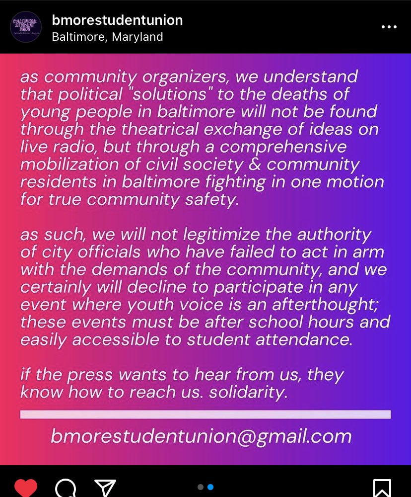 Baltimore institutions are absolutely unprepared for these young people and I love that for us and for the actual future safety of the city. <a href="/BCPSSUnion/">Baltimore Student Union</a>