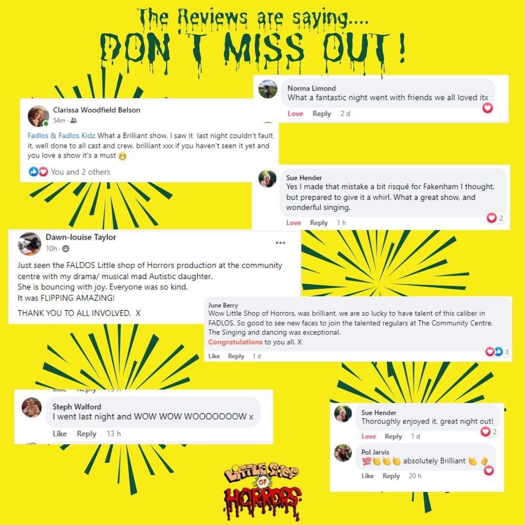 And the fantastic reviews keep flooding in!! If you haven't yet seen our show Little Shop of Horrors at Fakenham Community Centre, there's still time!
You've got just 1 more opportunity to see the show tomorrow night at 730pm at Fakenham Community Centre @ ticketsource.co.uk/FADLOS