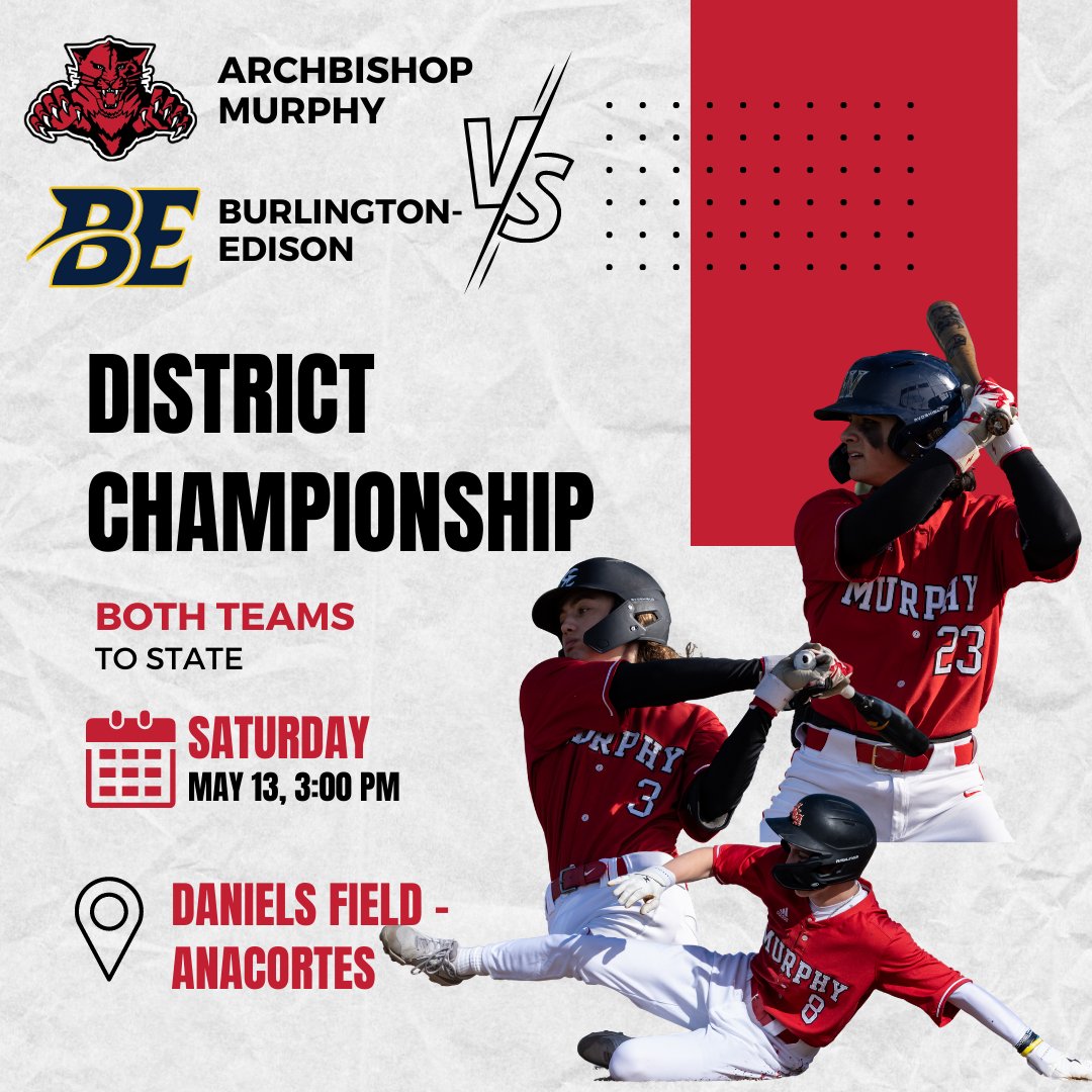MurphyAthletics's tweet photo. Tomorrow is the day! Wildcat Baseball is heading back to the District Championship 🏆 They will face the #3 seeded Burlington-Edison Tigers. It's going to be a wonderful, sunny day, so head up to Anacortes to cheer on your Wildcats! Game time is set for 3 PM ⚾️ #GoCats https://t.co/OYsPjtaKfl