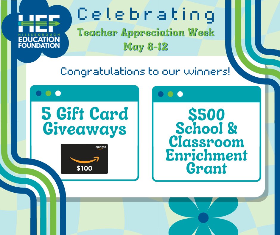 🥳Congrats winners of our #TeacherAppreciationWeek Gift Card Giveaway: 🏆Frank Lane @DurantHCPS 🏆Yesenia Montefusco @ValricoHawks 🏆Shelley Ramsamooj-Simmons @BelmontElement2 🏆Dawn Rogers @TwinLakesPTA 🏆Malissa StClair @ClevelandHCPS Each teacher won a $100 @amazon gift card!